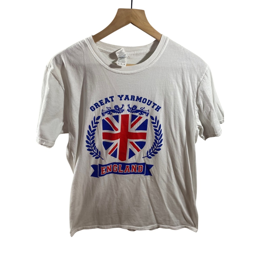 Gildan T-Shirt Mens Large White Excellent Great Yarmouth England Union Jack Tee